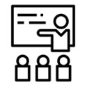 Icon of teacher at chalkboard with students in front.