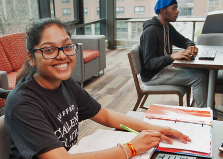 Students at Buffalo State University study at computers in a student lounge.
