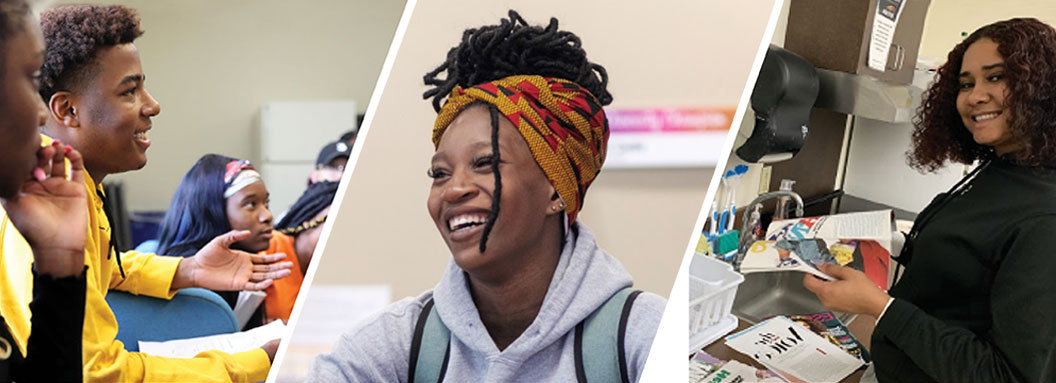 3 pictures of african american and minority students in college settings.