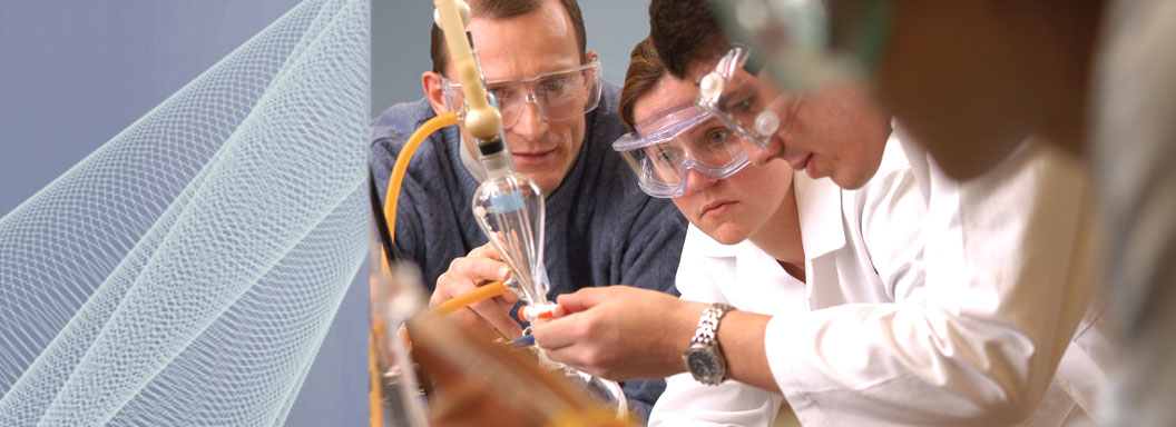 SUNY Works - campus partnerships. Students and teacher in science lab. 