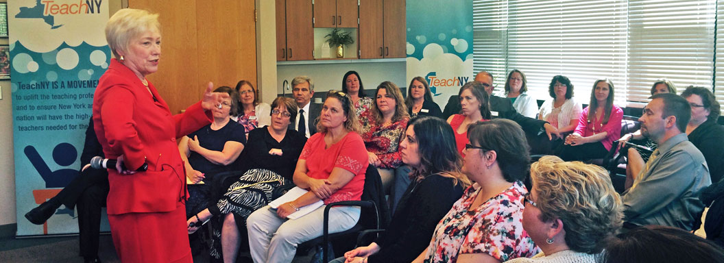 Chancellor Zimpher and area teachers talk during the TeachNY listening tour stop in Cortland. 