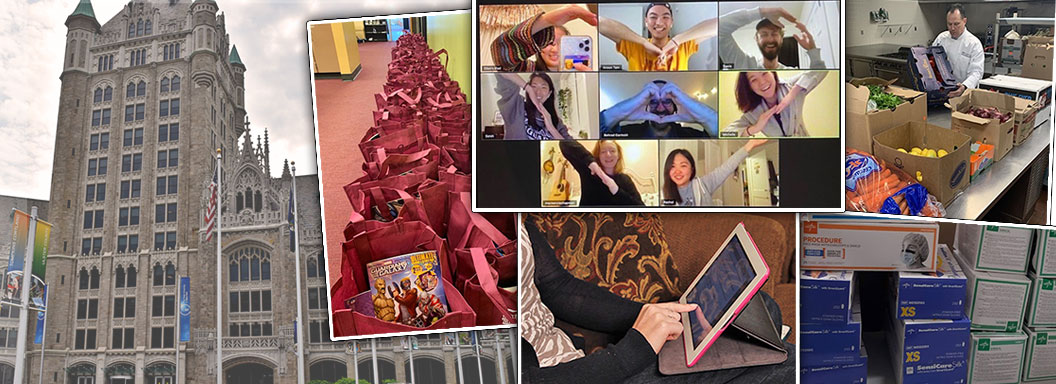 Collage of activities like donation drives and virtual gatherings taking place at SUNY schools in response to COVID19 outbreak.