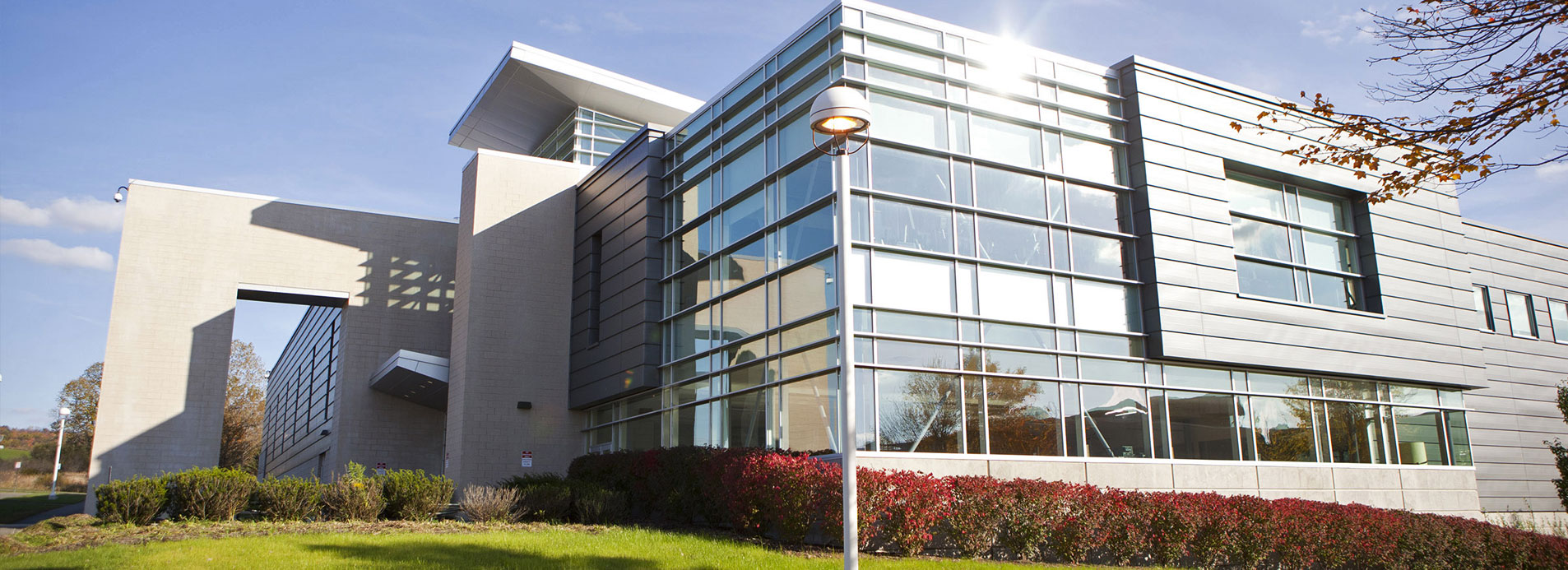 Modern campus building architecture at Tompkins-Cortland Community College.