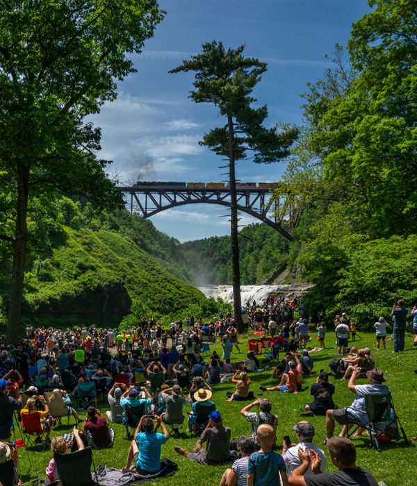 Large group of people sitting on big lawn surrounded by trees taking photos of Letchworth State Park bridge in the distance