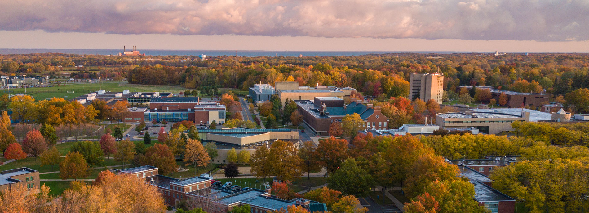 Aerial photo taken by a drone above the SUNY Fredonia campus at twilight.