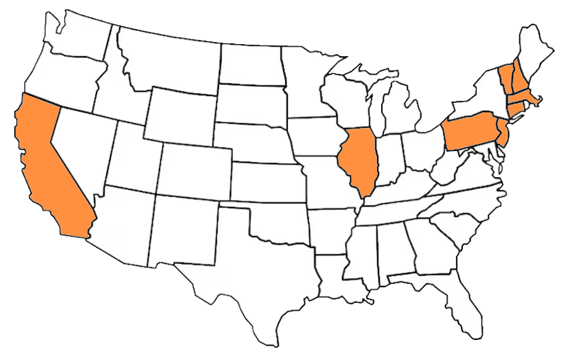  Map of the USA with California, Illinois, Vermont, New Hampshire, Connecticut, New Jersey, and Pennsylvania highlighted