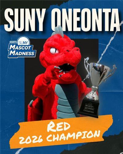 2026 Mascot Madness champion Red from SUNY Oneonta holding the tournament trophy.