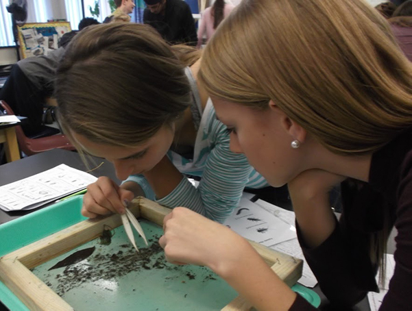 mtp - students doing tick survey w tweezers