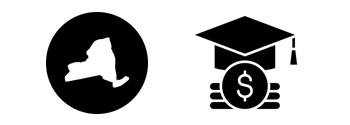 icon of NY state and college graduation cap.