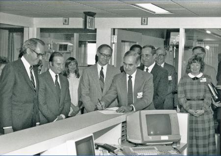 In 1988, current SUNY Trustee Marshall A. Lichtman joins Governor Mario M. Cuomo and the leaders of University at Buffalo, Roswell Park Memorial Institute, and Buffalo General Hospital for the signing of a regional transplantation agreement.