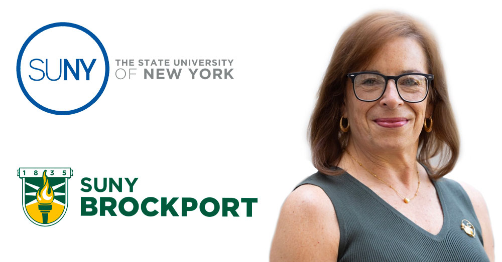 SUNY Brockport president Dawn Meza Soufleris headshot with SUNY and SUNY Brockport logos.