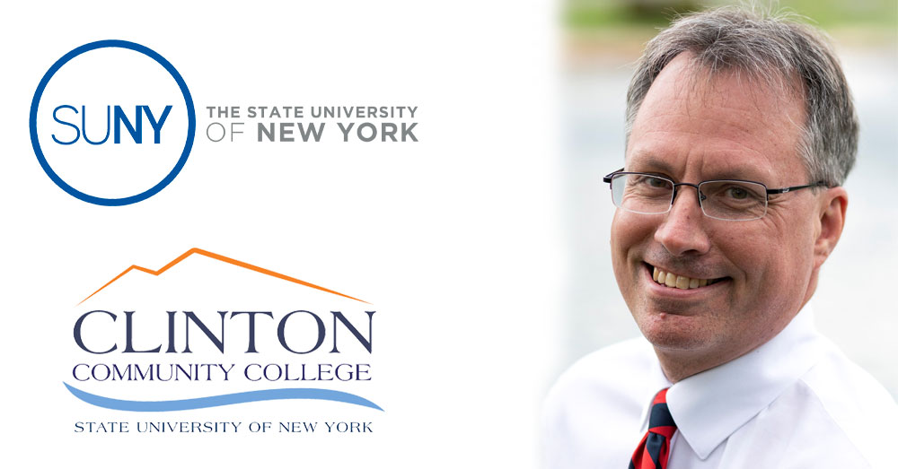 President of Clinton Community College Ken Knelly with SUNY and Clinton CC logos next to his headshot.
