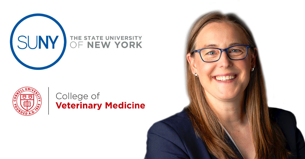 NYS College of Veterinary Medicine at Cornell University Dean Jessica McArt with SUNY and Cornell Vet logos.