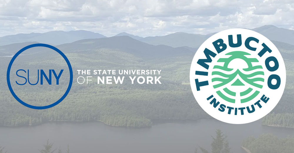 SUNY logo and Timbuctoo Institute logo on top of adirondack mountains aerial photo.