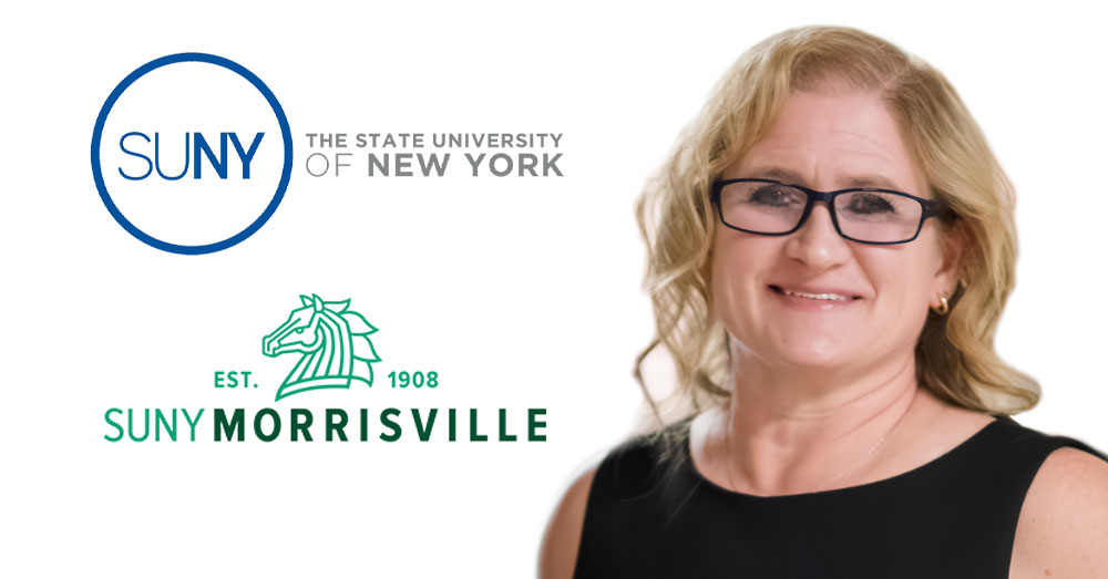 Dr. Michelle Coach headshot with SUNY and SUNY Morrisville logos stacked.