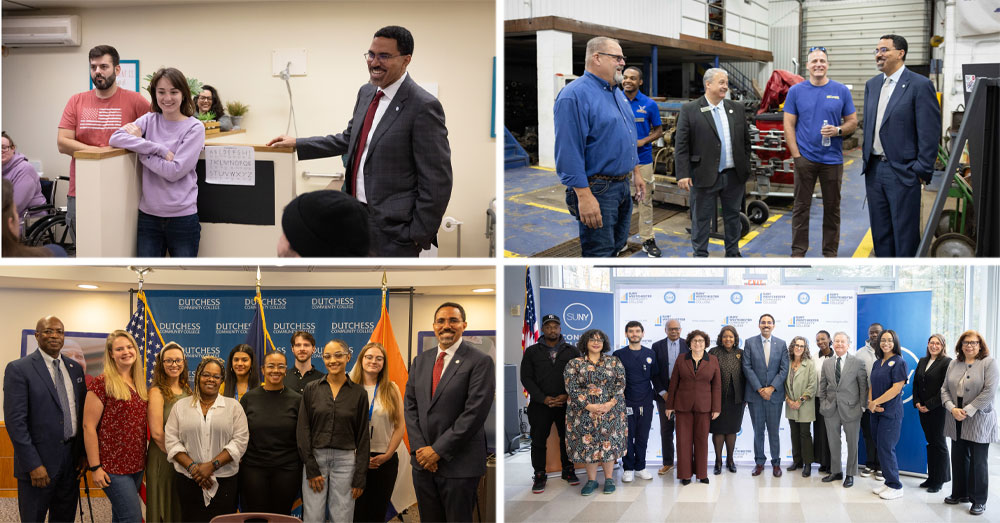 Collage of images of SUNY Chancellor John B King Jr during his year long SUNY Reconnect Campus Tour from 2025-2026.