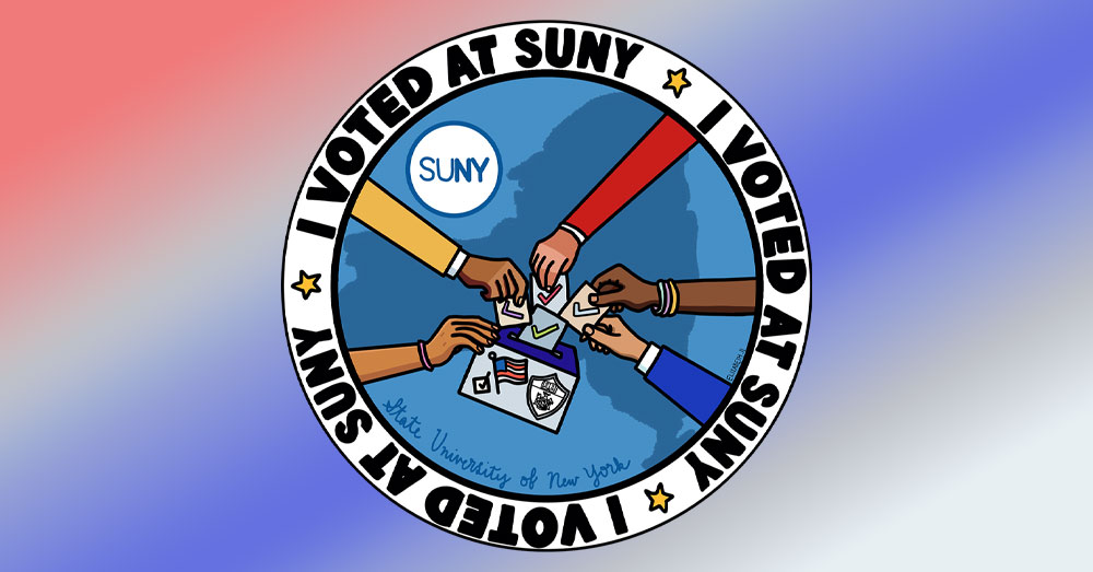 A sticker that shows a cirlce with I Voted at SUNY type all around the outside with 5 hands holding ballots putting them in a box inside the circle.