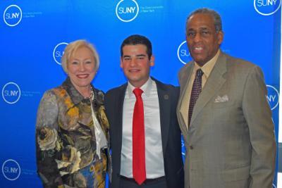 New SUNY Student Assembly president Marc Cohen stands with Chancellor Nancy Zimpher and Chairman Carl McCall at his swearing in ceremony.
