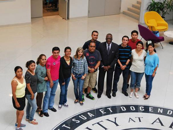 Puebla State students with University at Albany President Robert Jones