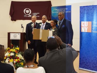 CUNY Chairman Thompson, New York State Senator Leroy Comrie, QEOC director Khayriyyah Ali and SUNY Chairman Carl McCall at the Queens EOC 25th Anniversary.