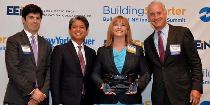 BuildSmartNY award with Lloyd Kass, director of Build Smart NY; Gil Quiniones, president and CEO of the New York Power Authority; Karren Bee-Donohoe, executive director of the SUNY Office for Capital Facilities; and Richard Kaufman, chairman, Energy and Finance Office of the Governor.