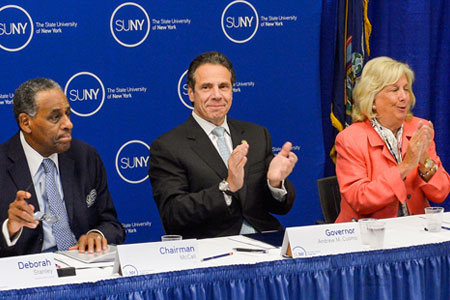 Governor Cuomo with Board Chairman Carl McCall and Linda Fairstein at the meeting to draft a uniform policy to combat sexual assault on New York college campuses.
