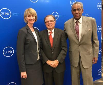 Niagara County Community College Interim President William Murabito stands between SUNY Chancellor Kristina Johnson and Board Chair Carl McCall