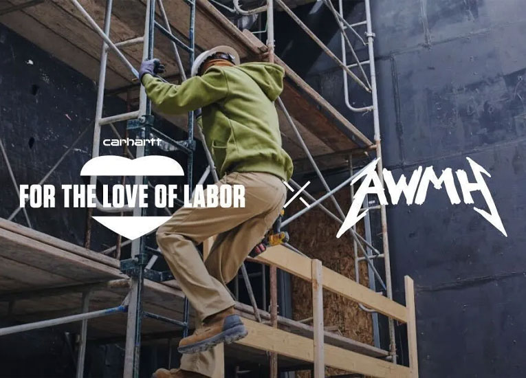 Man in construction workwear climbs a scaffolding with a Carhartt For the Love Of Labor and All Within My Hands logos over the top.