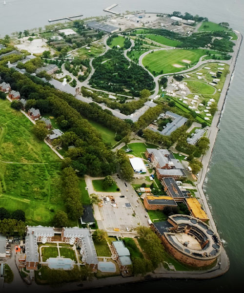 Drone photo of NY Climate Exchange on Governors Island in NYC.