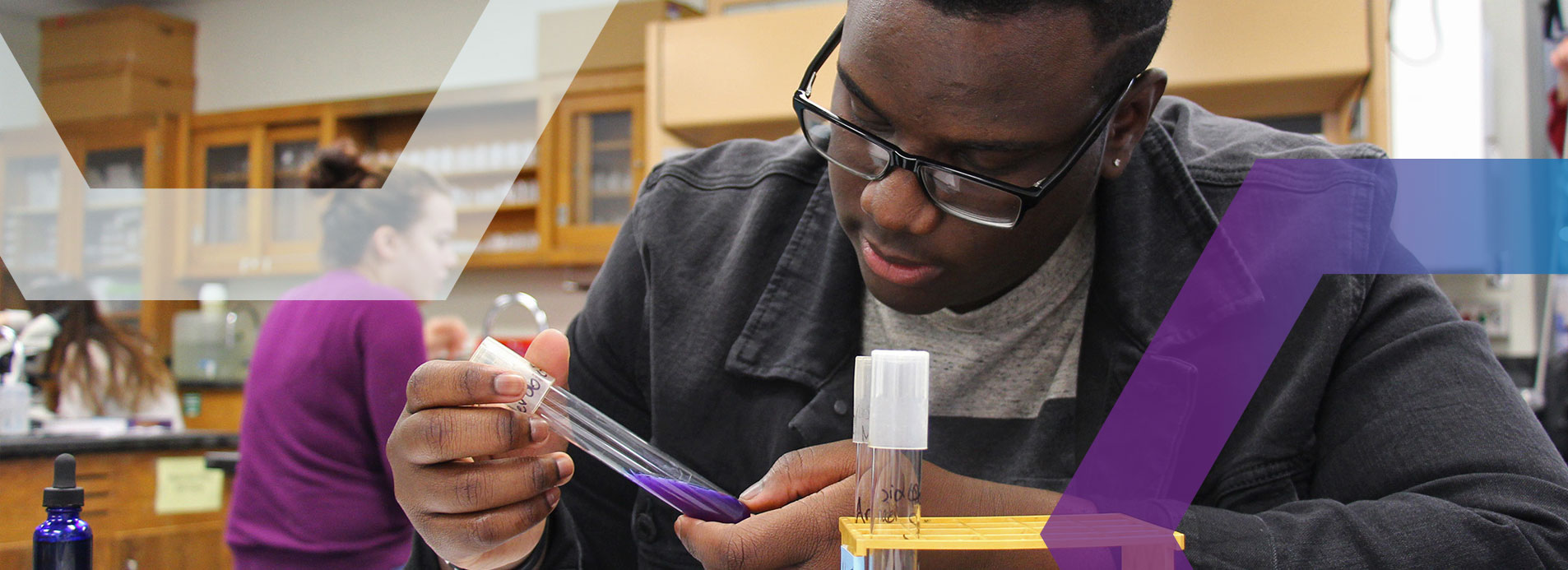 An african-american male student holds a test tube and studies the purple liquid inside.