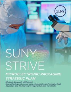 Front page of the Microelectronic Packaging Strategy White paper with an image of a worker looks closely at a thin silion wafer
