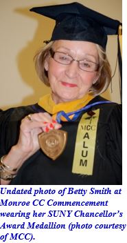 Undated photo of retired Monroe Community College counselor Betty P. Smith wearing commencement garb, including her Chancellor's Award medallion.