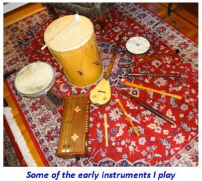 Photo of some early musical instruments played by Michael J. Murphy.