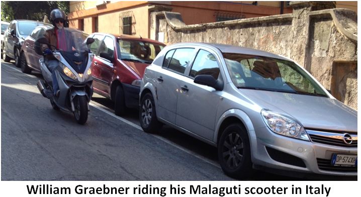 William Graebner, SUNY Fredonia retiree, ridiing his Malaguti scooter in Italy.