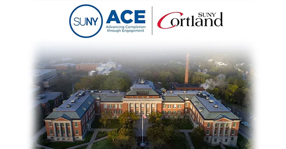 SUNY Cortland campus building with SUNY ACE and SUNY Cortland logos on frame.