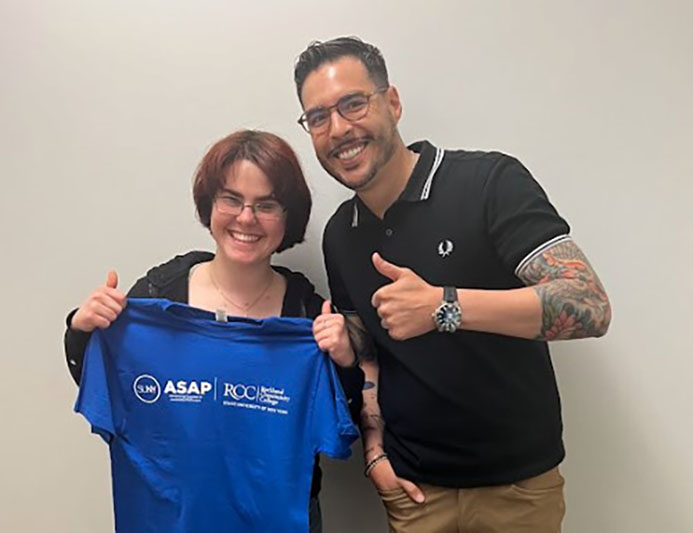 Natalie Benitez holding an ASAP|ACE t-shirt next to the ASAP Director at Rockland Community College Ian Peña